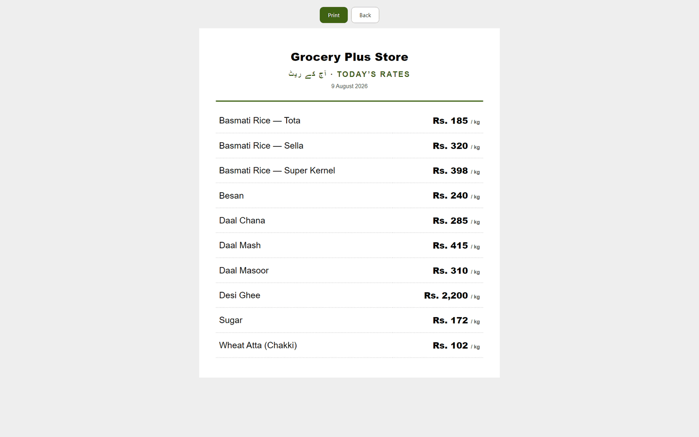 The wall print — آج کے ریٹ in type a customer reads across the counter